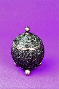 SILVER MOUNTED CARVED COCONUT ETROG CONTAINER
